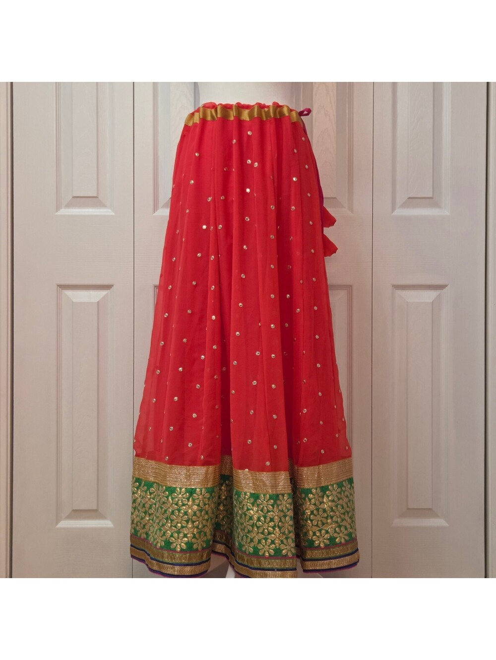 Handmade Red Lehenga Maxi Skirt w/ Green and Gold Florals Y2K Fairy Boho Whimsy